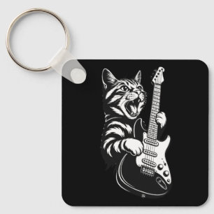 Rock Cat Playing Electric Guitar Cool Music Love Key Ring