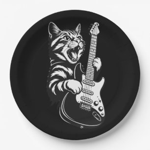 Rock Cat Playing Electric Guitar   Cool Music Love Paper Plate