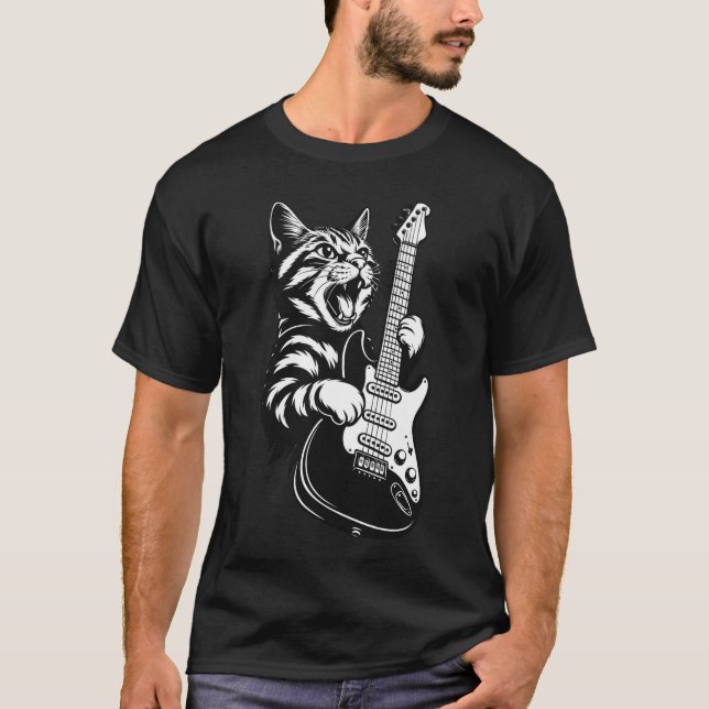Rock Cat Playing Electric Guitar, Cool Music Lover T-Shirt (Front)
