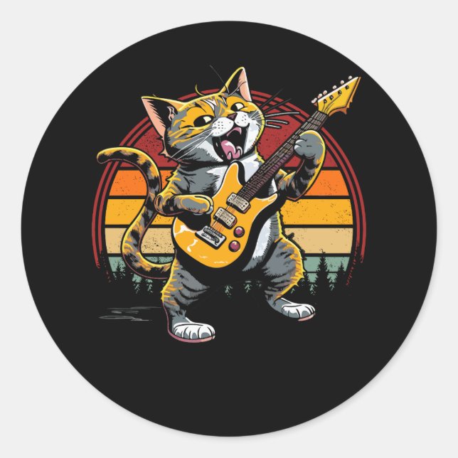 Rock Cat Playing Electric Guitar Guitarist Cat Lov Classic Round Sticker (Front)