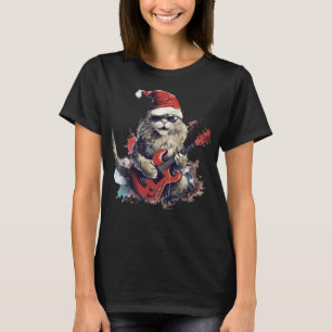 Rock Cat Playing Guitar Funny Christmas Santa Clau T-Shirt