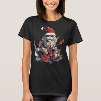 Rock Cat Playing Guitar Funny Christmas Santa Clau T-Shirt
