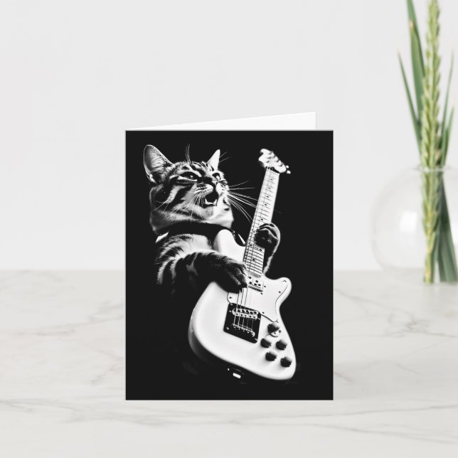 Rock Cat Playing Guitar - Funny Guitar Cat 1  Card (Front)