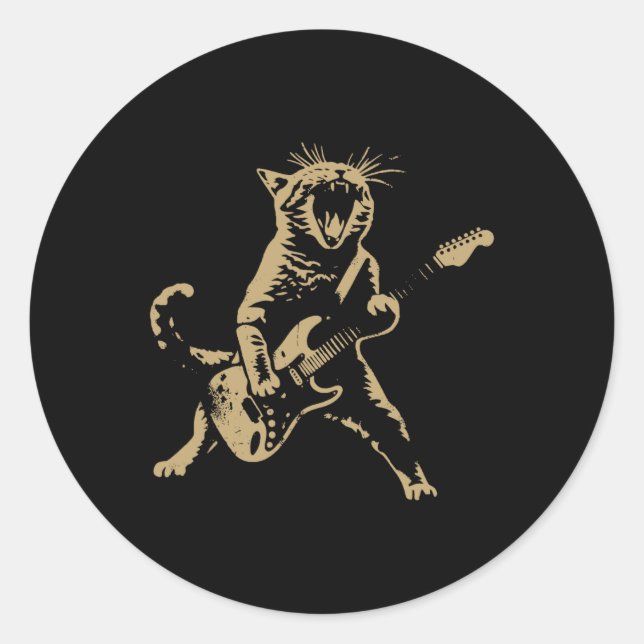 Rock Cat Playing Guitar - Funny Guitar Cat  Classic Round Sticker (Front)
