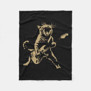 Rock Cat Playing Guitar - Funny Guitar Cat Fleece Blanket