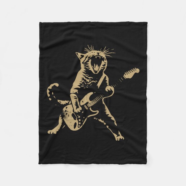 Rock Cat Playing Guitar - Funny Guitar Cat  Fleece Blanket (Front)
