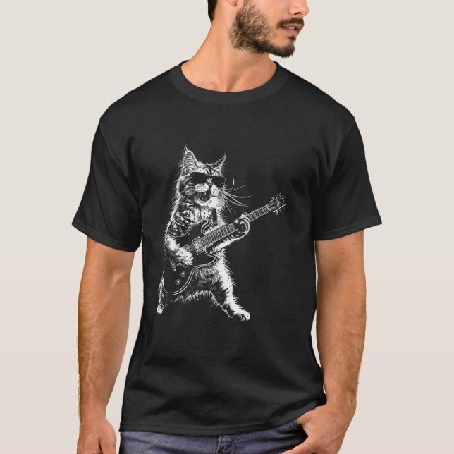 Rock Cat Playing Guitar Funny Guitar Cat Lover T S T-Shirt (Front)