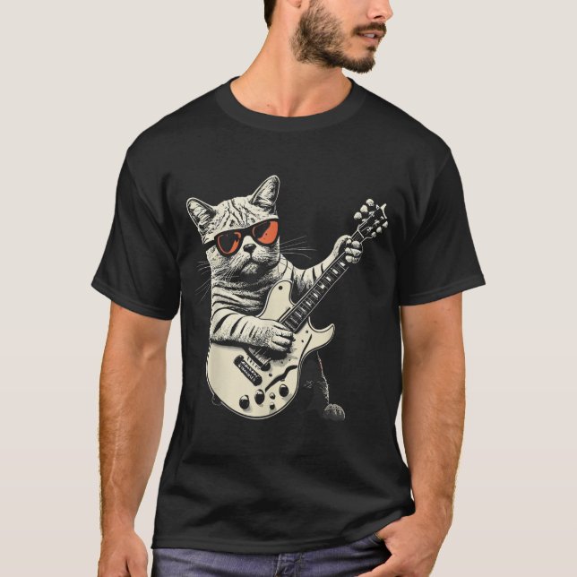 Rock Cat Playing Guitar - Funny Guitarist Cat T-Shirt (Front)