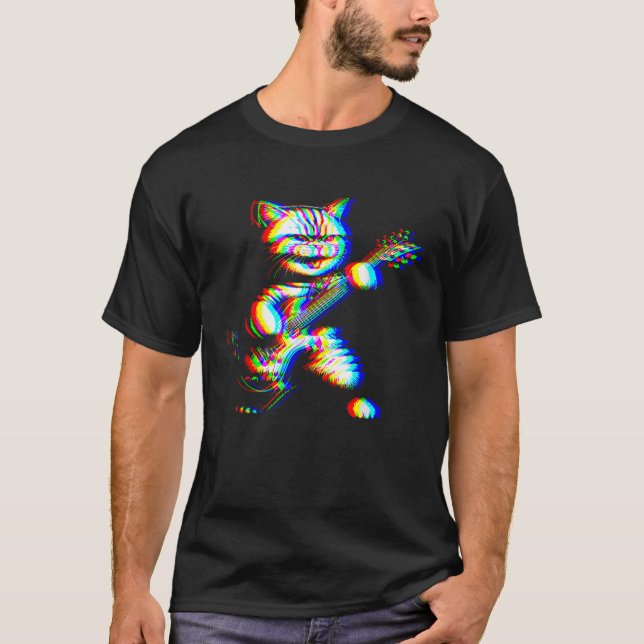 Rock Cat Playing Guitar Techno Rave EDM Cat Rock M T-Shirt (Front)