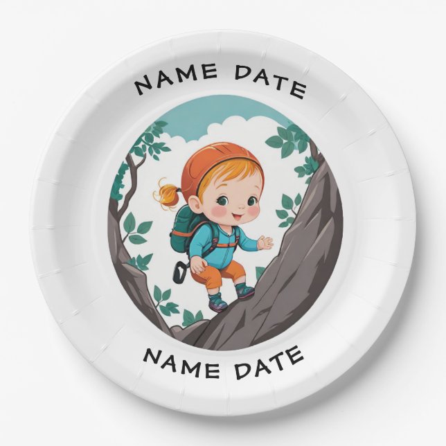 Rock Climber Adventure Theme Girl Baby Paper Plate (Front)
