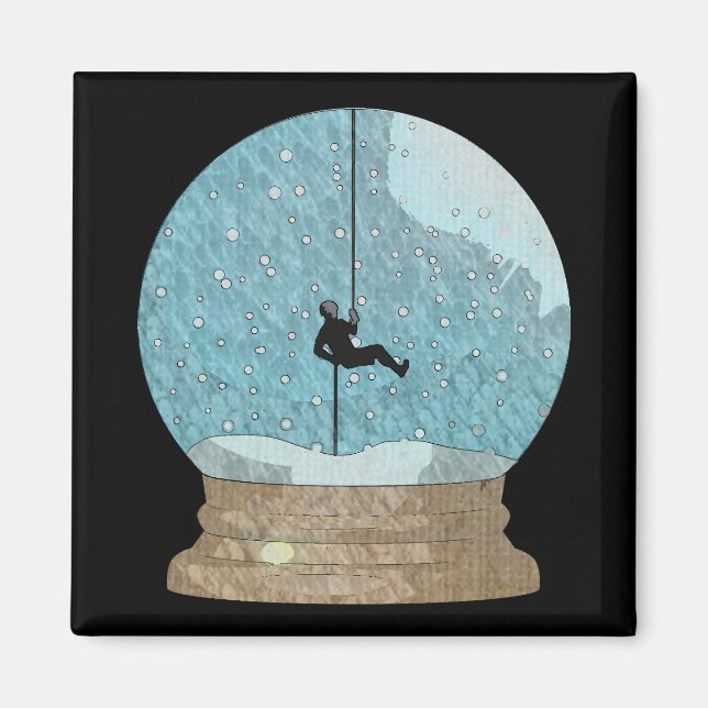 Rock climber rope repelling snow globe unique magnet (Front)
