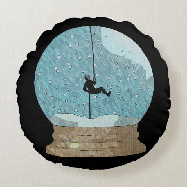 Rock climber rope repelling snow globe unique round cushion (Front)