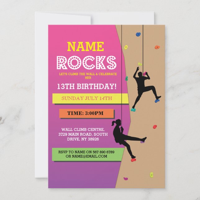 Rock Climbing Birthday Party Wall Climbing Invite (Front)