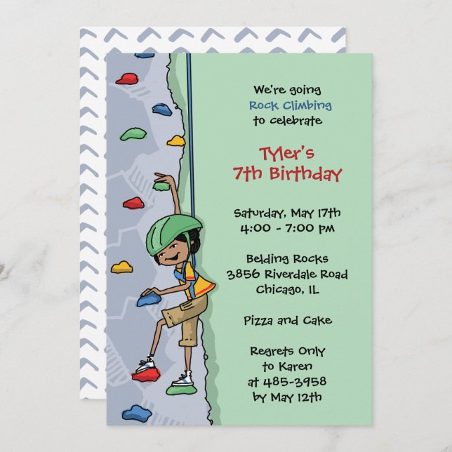 Rock Climbing Boy Black Hair Birthday Party Wall Invitation (Front/Back)