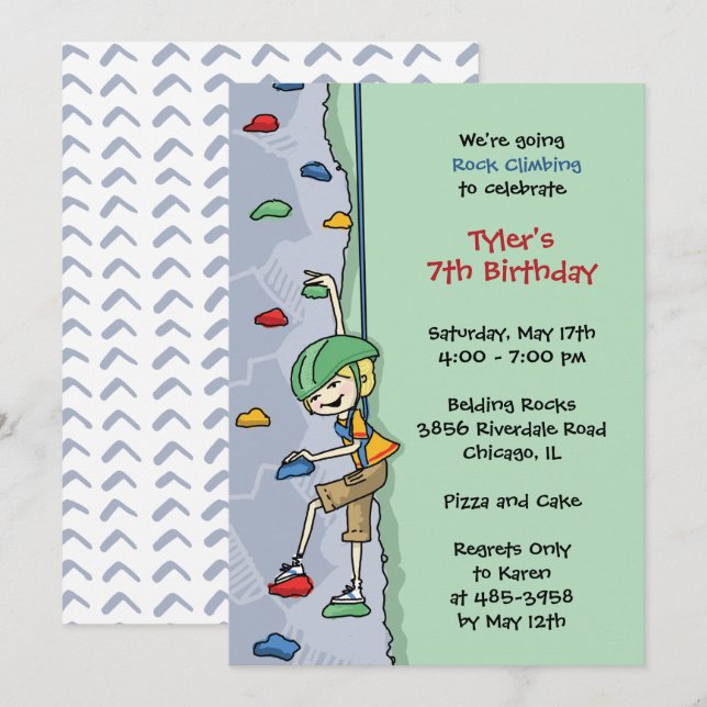 Rock Climbing Boy Blonde Hair Birthday Party Wall Invitation (Front/Back)