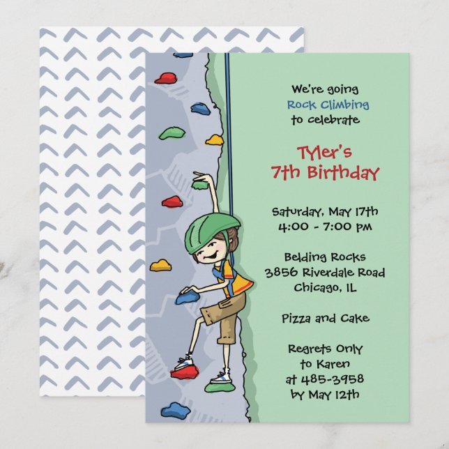 Rock Climbing Boy Brown Hair Birthday Party Wall Invitation (Front/Back)