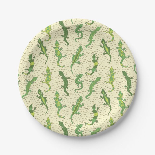 Rock Climbing Geckos on yellow - seamless pattern. Paper Plate (Front)