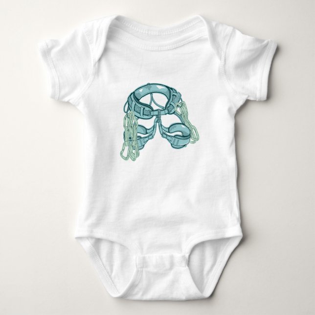 Rock climbing harness with quick draws baby bodysuit (Front)