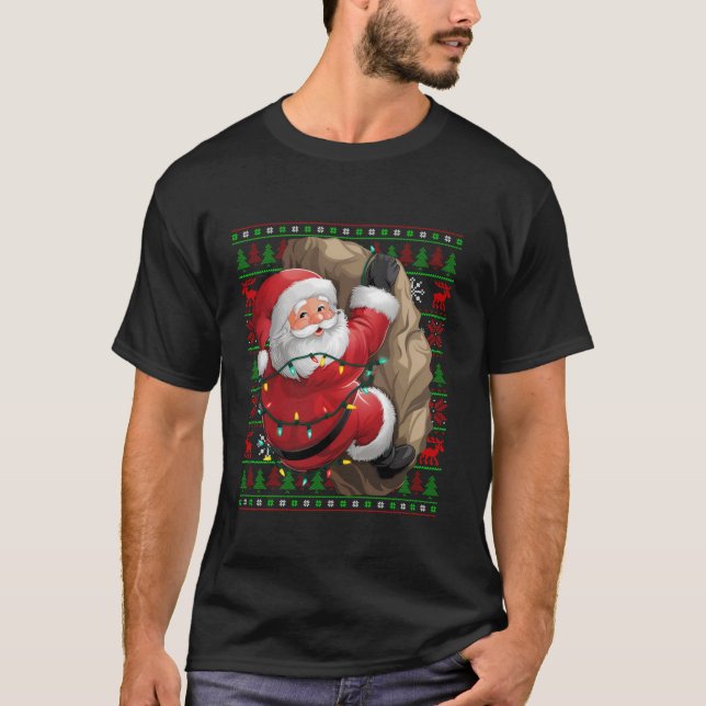 Rock Climbing Xmas Lights Ugly Santa Rock Climbing T-Shirt (Front)