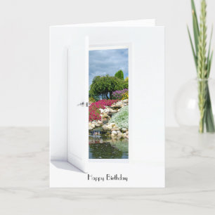 Rock garden and waterfall in open door birthday card