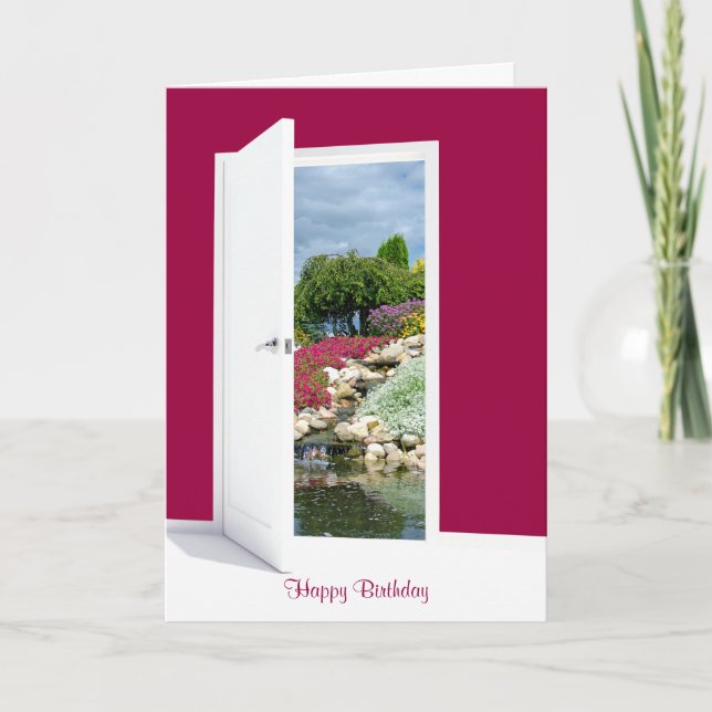 Rock garden and waterfall in open door birthday card (Front)