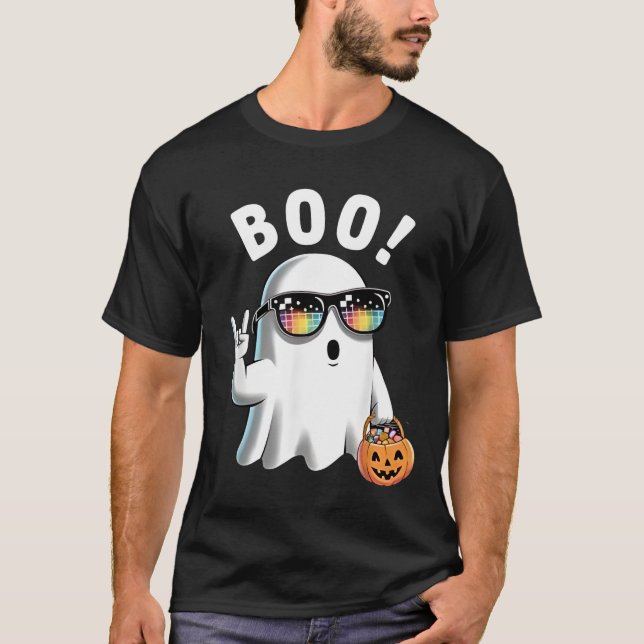 Rock Ghost Retro Halloween Pumpkin Funny Boo T-Shirt (Front)