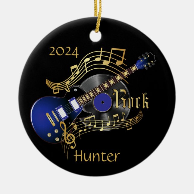 Rock Guitar - Blue Ceramic Tree Decoration (Front)