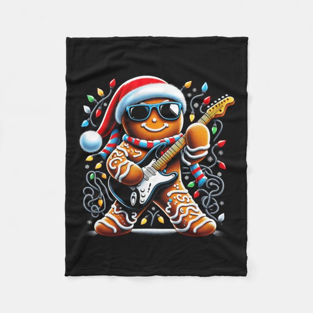 Rock Guitar Gingerbread Playing Guitar -funny Chri Fleece Blanket (Front)