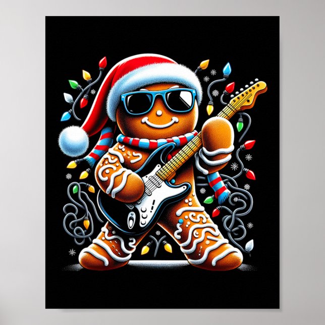 Rock Guitar Gingerbread Playing Guitar -funny Chri Poster (Front)