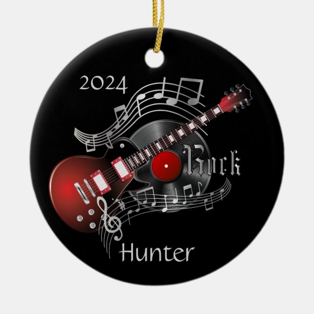 Rock Guitar - Red Ceramic Tree Decoration (Front)
