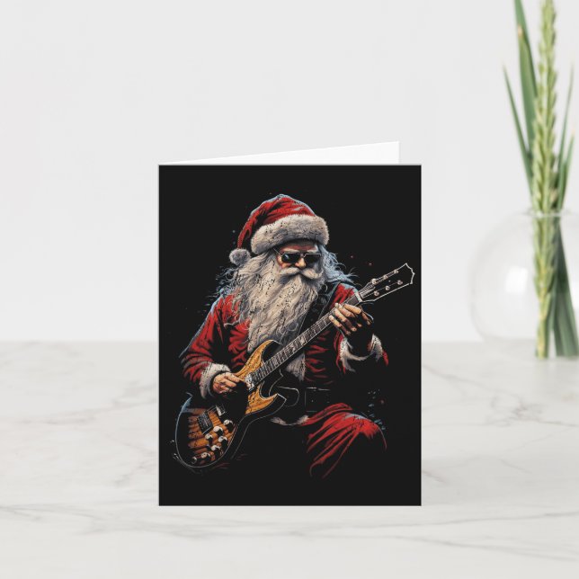 Rock Guitar Santa Claus Playing Guitar - Funny Chr Card (Front)
