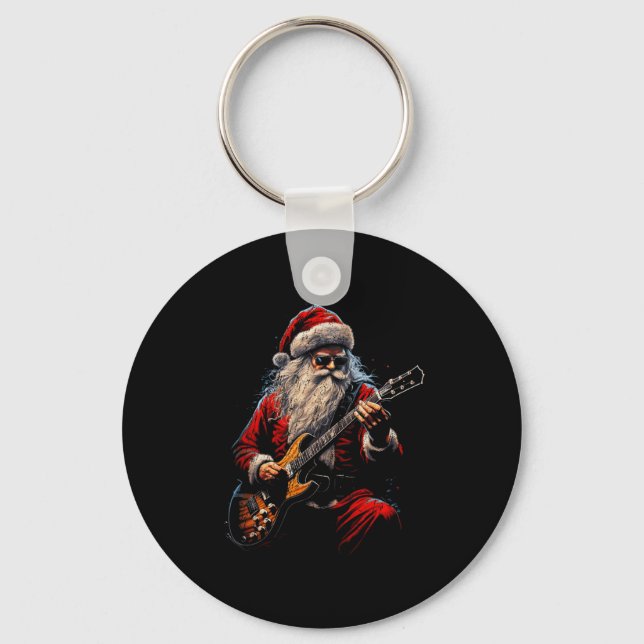 Rock Guitar Santa Claus Playing Guitar - Funny Chr Key Ring (Front)