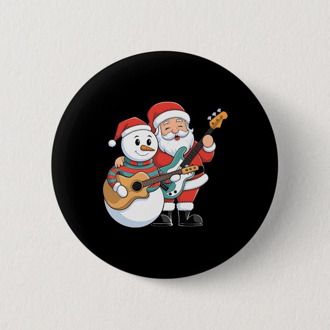Rock Guitar Snowman And Santa Claus Playing Guitar 6 Cm Round Badge (Front)