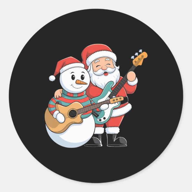 Rock Guitar Snowman And Santa Claus Playing Guitar Classic Round Sticker (Front)