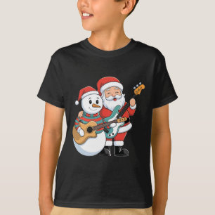 Rock Guitar Snowman And Santa Claus Playing Guitar T-Shirt