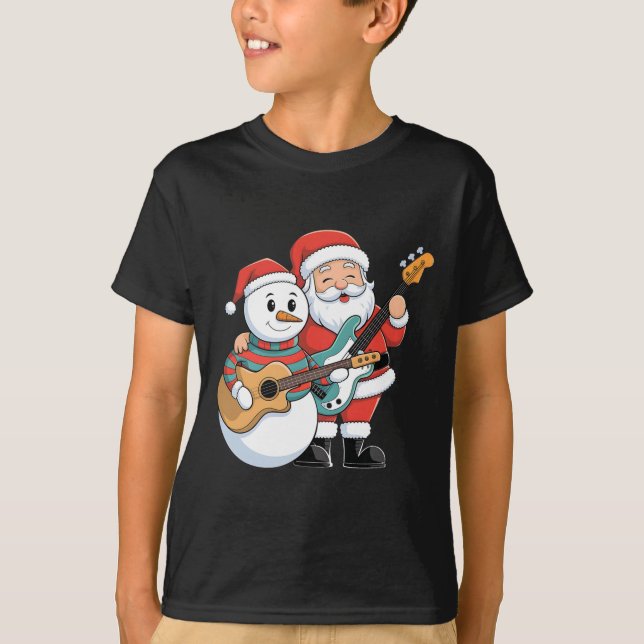 Rock Guitar Snowman And Santa Claus Playing Guitar T-Shirt (Front)