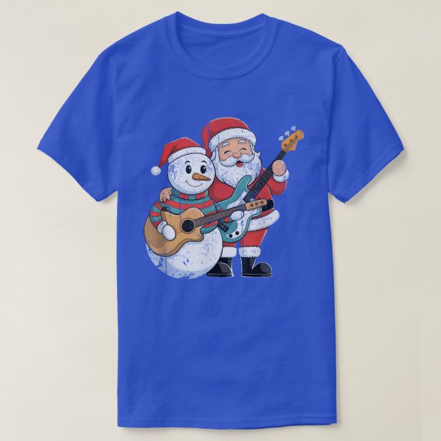 Rock Guitar Snowman And Santa Claus Playing Guitar T-Shirt (Design Front)