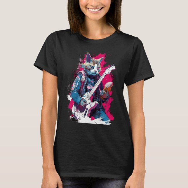 Rock Guitar Snowshoe Cat Guitarist T-Shirt (Front)