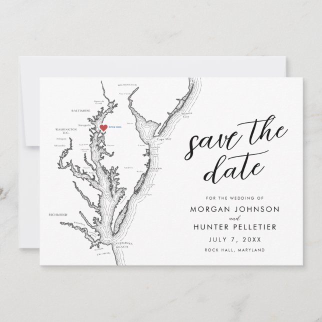 Rock Hall Maryland Map Minimal Modern Wedding Save The Date (Front)