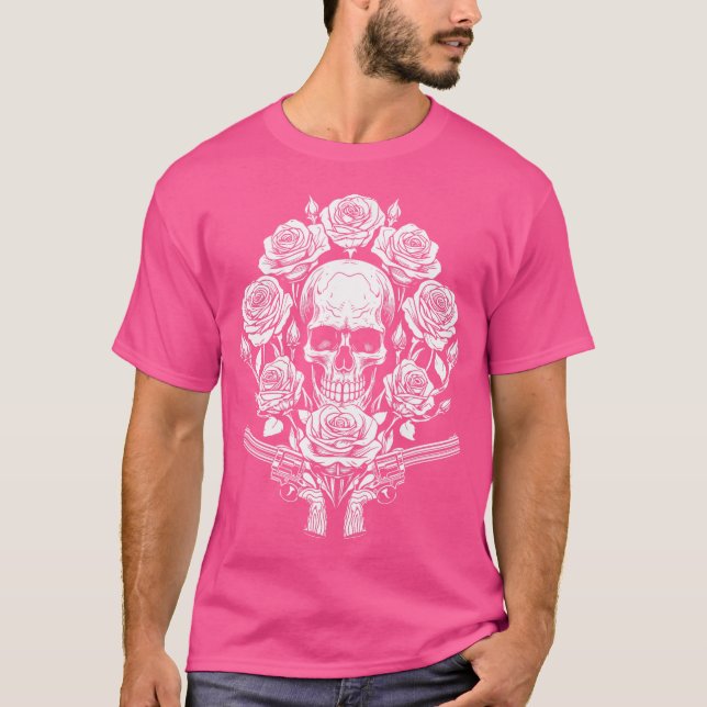 Rock Music 1980S 80S Glam Skeleton Roses Skull Gun T-Shirt (Front)