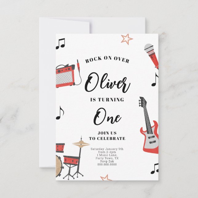 Rock Music Birthday Invitation Guitar and Drums (Front)