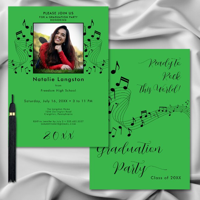 Rock Music Black & Green Photo Graduation Party Invitation (Rock Music Black & Green Photo Graduation Party Invitation)