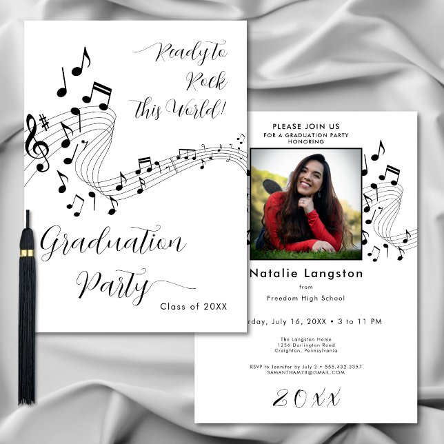 Rock Music Black & White Photo Graduation Party Invitation (Rock Music Black & White Photo Graduation Party Invitation)
