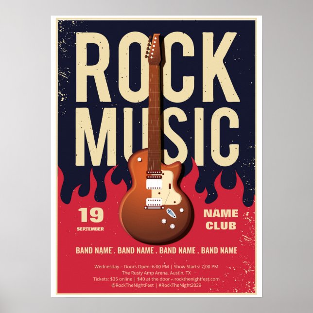Rock Music Festival Poster – Guitar & Flames Desig (Front)
