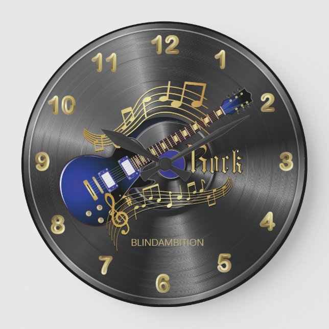 Rock Music Guitar - Blue Large Clock (Front)