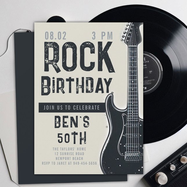 Rock Music Musician Guitar Adult Black Birthday Invitation (music musician rock adult birthday party invitation women modern fun black electric guitar modern)