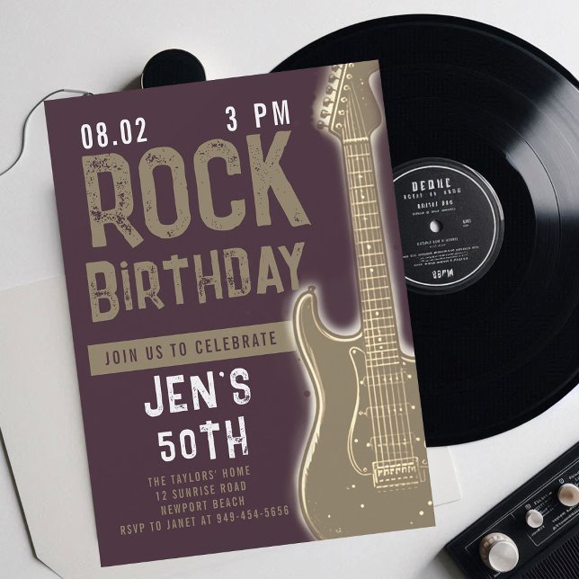 Rock Music Musician Guitar Adult Grunge Birthday Invitation (music musician rock adult birthday party invitation women modern purple gold electric guitar modern)