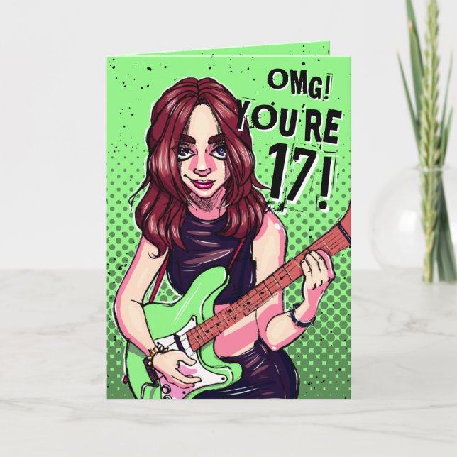 Rock Music Teen Girl Green Guitar 17th Birthday Card (Front)