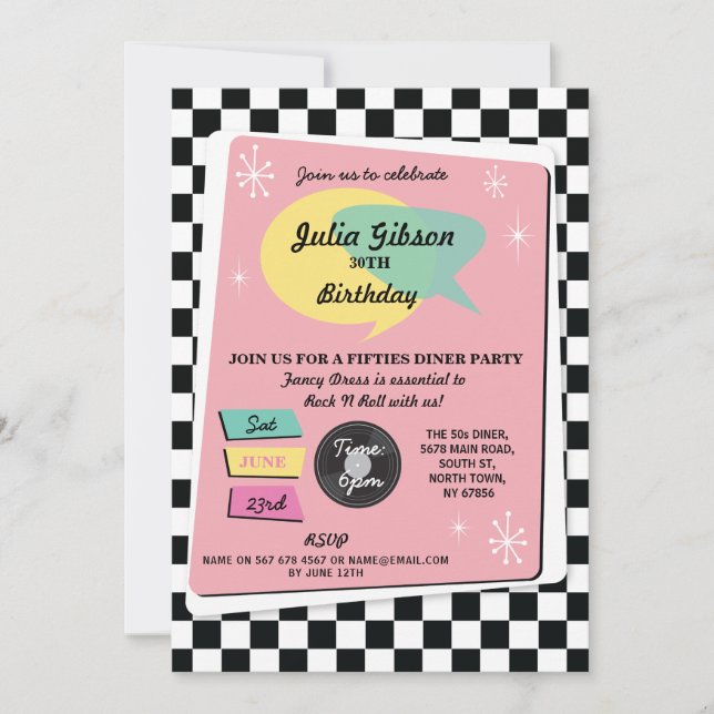 Rock N Roll 1950s Birthday Pink Retro Invite (Front)