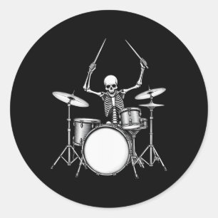 Rock N Roll Drummer Skeleton Playing Drums  Classic Round Sticker